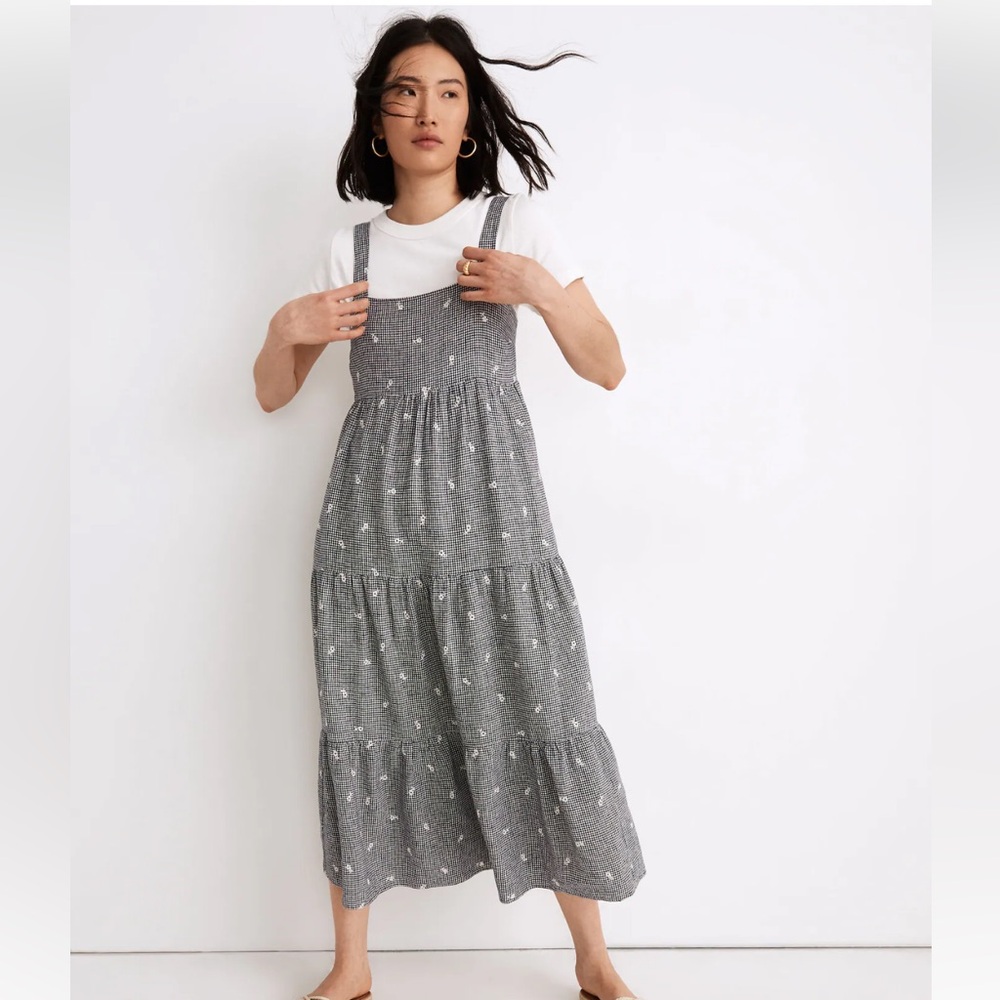 Madewell Embroidered Tiered Midi Dress in Gingham Check